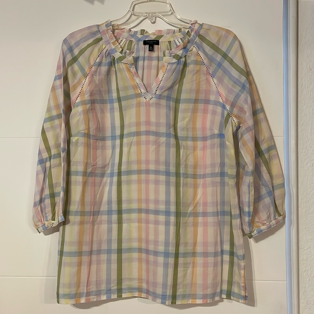 Talbots Women’s Plaid Pastel Lightweight Cotton Peasant Popover. Size Med Petite